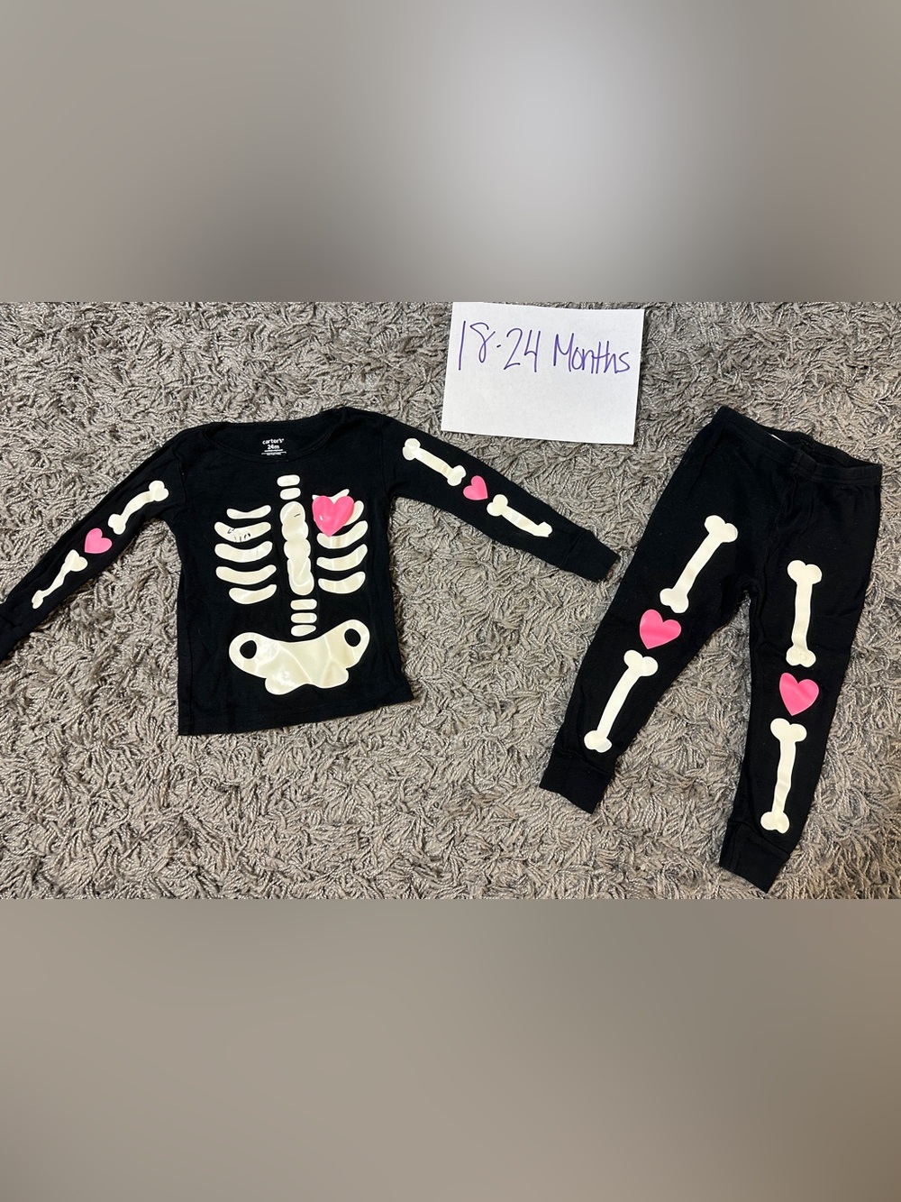 Carter's Black Pajama Set with White Skulls and Pink Hearts